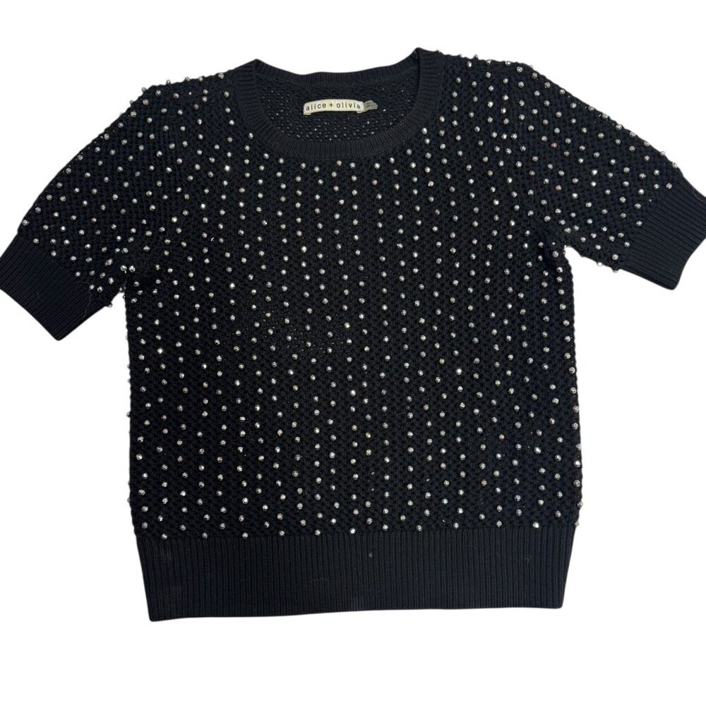 Alice + Olivia Black Embellished Short-Sleeve Wool Sweater – XS